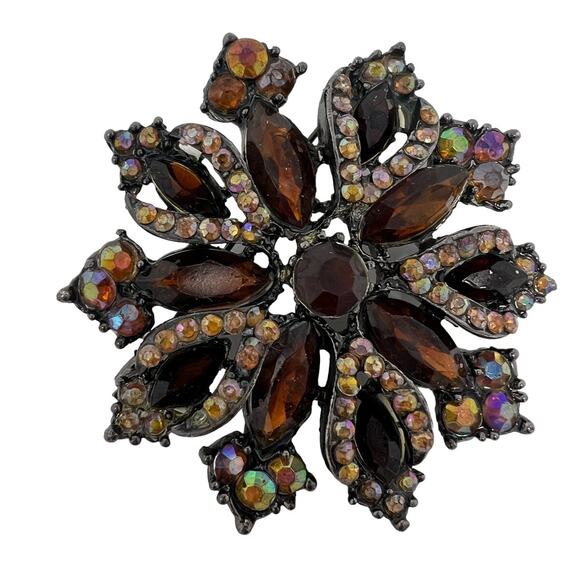 Vintage Art Deco Rhinestone Flower Brooches Burnt Orange Pin Jewelry Women Glam - Picture 12 of 14